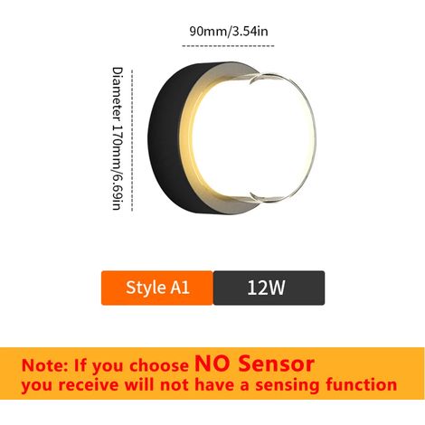 (Style A1 12W - Blanc chaud - Sans capteur) Applique murale LED moderne avec détecteur de mouvement, compatible intérieur/extérieur, AC85-265V, étanche IP66, idéale pour la décoration de jardins, rues (1/5)