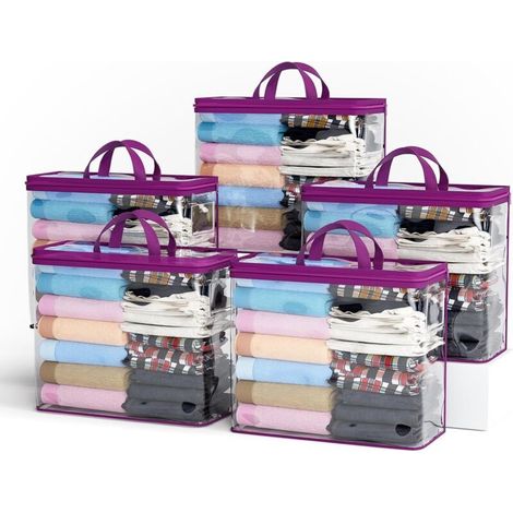 Lot de 5 sacs de rangement transparents à fermeture éclair pour vêtements, 22 L, organiseurs de placard et sacs de rangement pour literie, couvertures, vêtements et jouets (violet) (1/4)