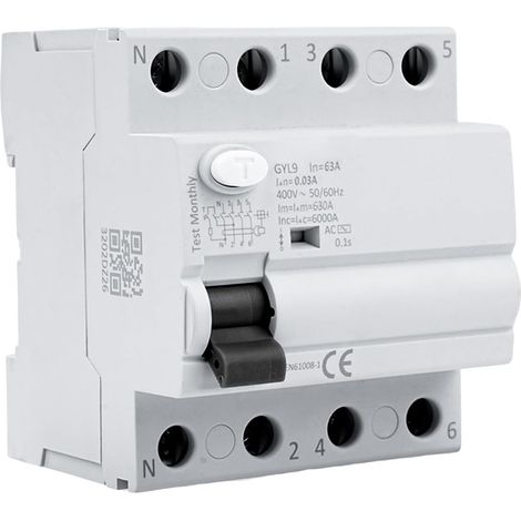 Interrupteur Différentiel 63A 30ma Type AC RCCB Disjoncteur Differentiel 63A 400V 4P avec Protection contre les Fuites (GYL9-4P-63A-400V) (1/5)