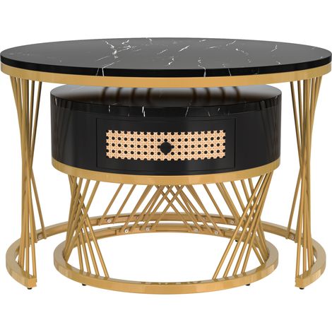 Table basse ronde 2 en 1 en MDF, table d'appoint avec plateau effet marbre et tiroirs en rotin plastique, poignées en bois massif, pieds en fer doré. 707045,5+505038,5cm (1/5)