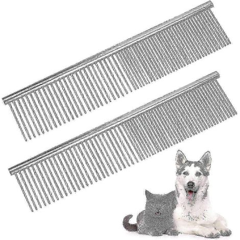 Peigne de toilette en acier inoxydable pour animaux de compagnie, peigne à dents arrondies pour chiens et chats, anti-emmêlement, poils courts et longs, 19 x 4 cm, lot de 2 - Mishan 2025 (1/5)