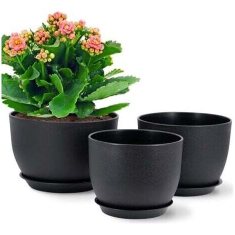 3er-Set Kunststoff-Blumentöpfe (18/16/14 cm), moderne Pflanzgefäße mit Abflusslöchern und abnehmbarem Untersetzer, Schwarz