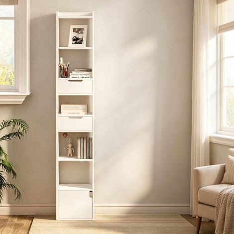 Bibliothèque de rangement 33x24x181 cm blanche en bois avec 6 étagères ouvertes, 2 tiroirs et 1 placard (1/3)