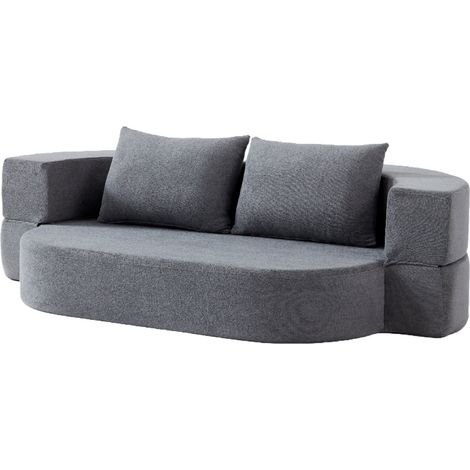 Klappbares Schlafsofa aus hellgrauem Stoff mit 2 Kissen, 200 x 130 cm (1/5)