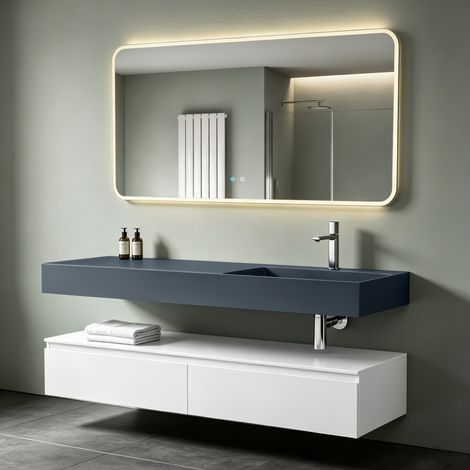 Mai & Mai Badmöbelset Waschtisch mit Unterschrank Weiß matt 150x48x25cm mit Soft-Close Schubladen inkl. Mineralguss-Waschbecken in matt Anthrazit und LED-Badspiegel UP