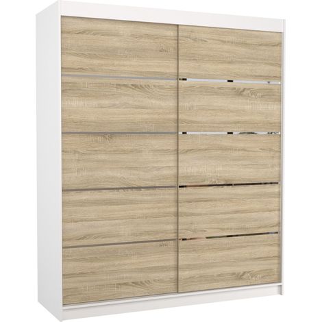 Armoire de chambre à coucher blanche 2 portes coulissantes bois clair et alu Pimka 180cm (1/5)