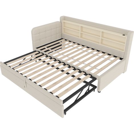 Lit de jour, 90200cm(180 x 200 cm), canapé-lit, design de lit escamotable multifonction, USB + Type C, plusieurs espaces de rangement, lit avec sommier à lattes (sans matelas), lin, beige (1/5)