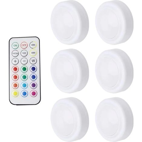 Juego de 6 luces nocturnas LED para armarios, funcionan con pilas, son regulables e incluyen 1 mando a distancia. (1/5)