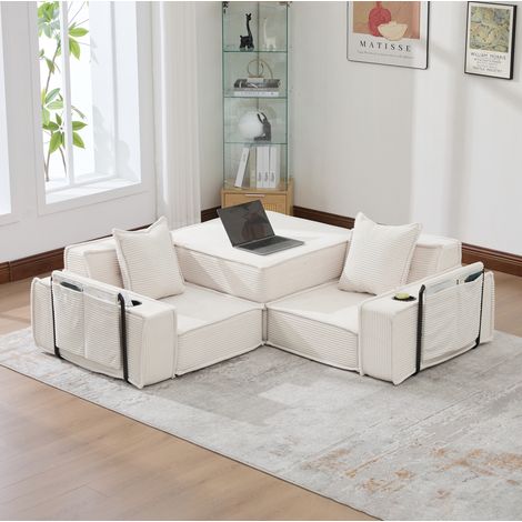 Divano pouf 162x78x66 cm beige in tessuto a coste con cuscini e tasche laterali (1/5)
