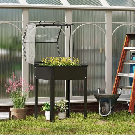 Jardinière surélevée 100x48x126 cm en acier noir avec serre, pour balcon – MEUBLIV (1/5)