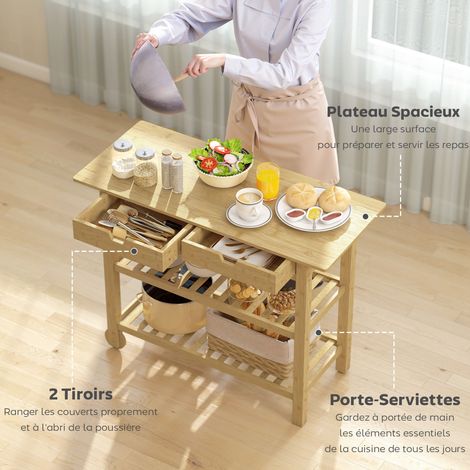 Desserte cuisine bambou roulettes 2 tiroirs 2 étagères 100x43x75 cm naturel (1/5)