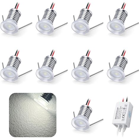 9pcs Mini Spot LED 12V 1W RGB, IP65 Étanche Petite Taille Lampes Avec Transfo 220V, 15mm Pointeur Éclairage Encastré Pour Meuble Veilleuse Armoires Escaliers (Blanc Chaud) (1/5)