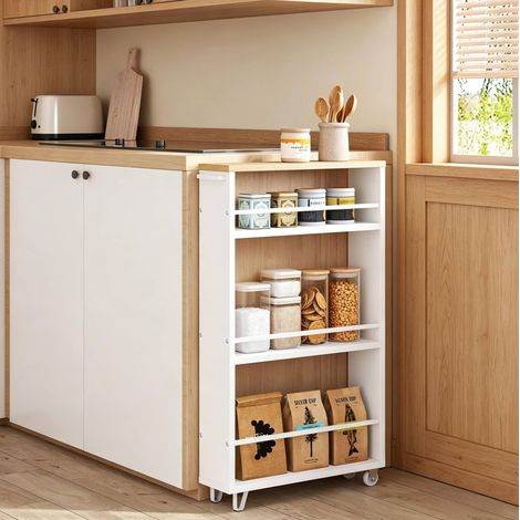 Carrello da cucina stretto con ruote 47 x 80 x 13 cm bianco e legno (1/4)