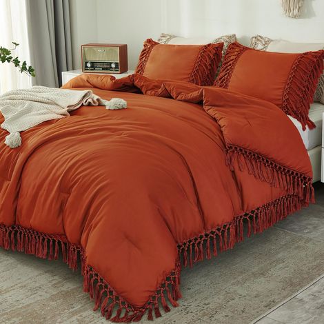 Parure de lit 3 pièces légère et Moelleuse de Style bohème avec Pompons en Terre Cuite, Toutes Saisons, pour très Grand lit, Orange brûlé (Couette de 264,2 x 228,6 cm, 2 taies d'oreiller) (1/5)