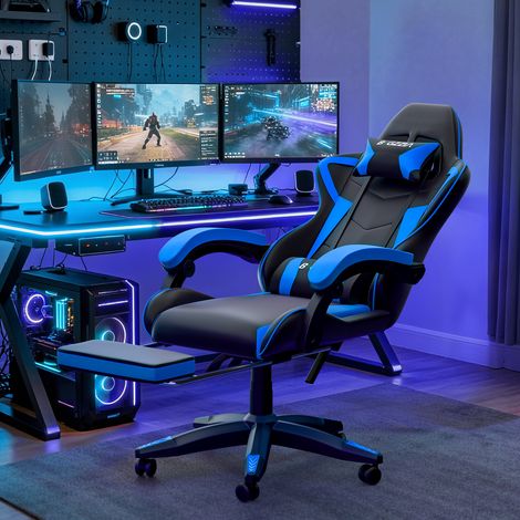 Ergonomic PU Leather Racing Gaming Chair with Footrest 155° Reclining Backrest Swivel Office Chair Black+ Blue