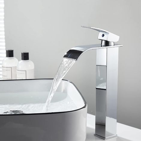 Robinet de salle de bain en acier inoxydable de style cascade haute, convenant à l'eau chaude et à l'eau froide. (1/5)