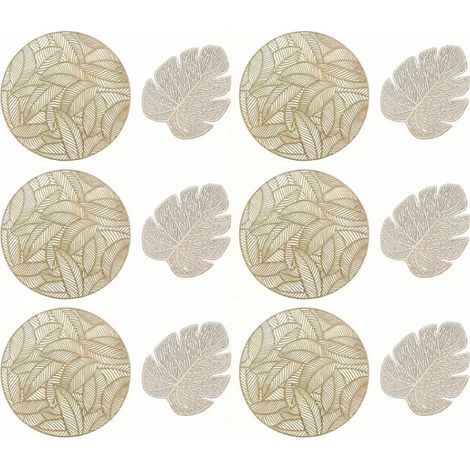 Ensemble de sets de table et sous-verres isolants creux : 6 sets de table ronds et 6 sous-verres en forme de feuille, couleur or. (1/5)