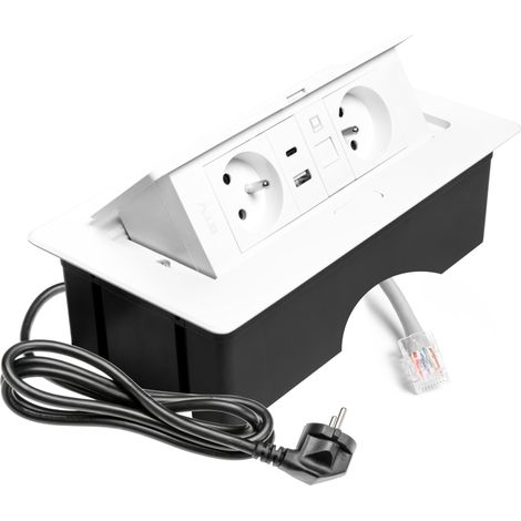 Prise encastrable blanche avec 2 prises de courant avec terre, USB A+C, RJ45, escamotable avec couvercle, câble de 1,5 m, pour cuisine, bureau, table de conférence et de travail (1/5)
