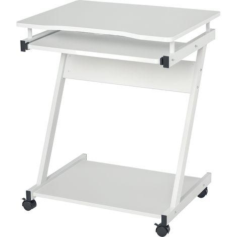 Bureau Informatique Roulant - Bureau Mobile - Table d'ordinateur - Tablette coulissante Clavier + étagère - Blanc (1/5)