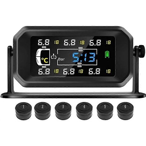 Système de surveillance de la pression des pneus (TPMS) pour voitures, camping-cars et camions : capteur solaire pour 6 roues, horloge, affichage de la pression d’air et alarme. (1/5)