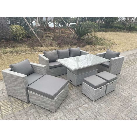 Fimous Rattan Garden Funiture Set Adjustable Rising Lifting Table Lounge Sofa Dining Set 2 Chairs Big And Small Footstool (1/5)