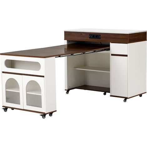 Isola da cucina estensibile con ruote, prese e vetro curvo, bianco noce, MDF (1/5)