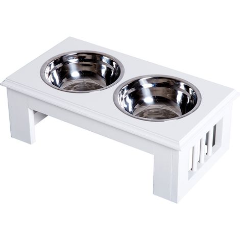 Pawhut – Gamelle surélevée pour chien – 2 gamelles en acier inox 0,9 L – Support MDF blanc – Dimensions 44x24x15 cm – Antidérapant