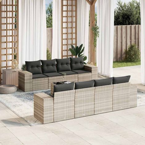 Set muebles jardín 9 pzas y cojines ratán sintético gris claro vidaXL (1/5)