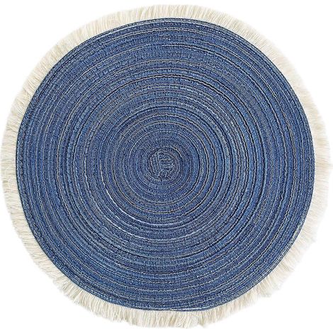 Set de table rond multicolore à franges, idéal pour les plats chauds et la décoration de table (bleu). (1/5)
