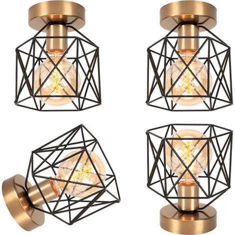 4x Plafonnier Vintage en Cage,Lampe de Plafond Industriel Abat-jour Design Carré E27 Lustre Rétro Métal pour Salon Café (1/5)