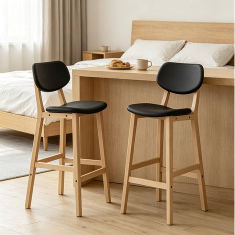 Pack de 2 taburetes de bar 43x38x92 cm de madera y polipiel negra, estables - MEUBLIV (1/5)