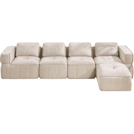 Sofá modular en L de 4 plazas con taburete, espuma 32D, poliéster beige, 344 x 162 x 67 cm (1/5)