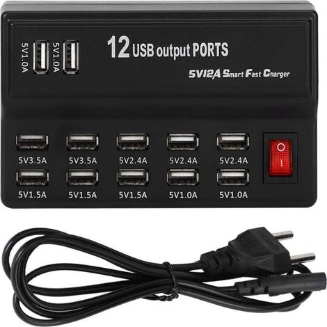 Parasurtenseur USB - 12 Ports Chargeur Multiprise - Entrée 100-240 V - Protection Surintensité/Surchauffe - Pour Bureau Maison Voyage - 1 Pièce