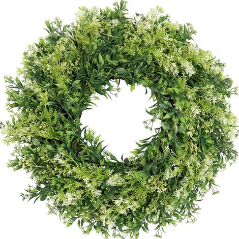 Couronne de porte artificielle 50 cm, buis et fleurs sauvages avec feuillage vert, décoration pour entrée, maison, porche, fenêtres et murs, toute l'année (1/5)