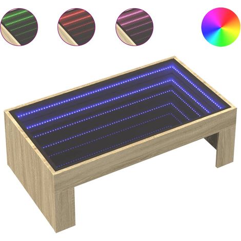 Mesa de centro de salón de diseño moderno con LED 90 x 50 x 30 cm madera de ingeniería color roble y cristal DEC037489