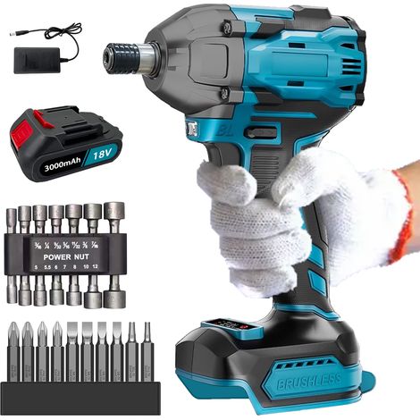 Avvitatori a percussione, trapano avvitatore a percussione senza fili da 1/4", 420N.M, 10 punte per trapano, 14 bussole, 1 batteria da 3,0 A + caricabatteria, compatibile con batteria Makita (1/5)