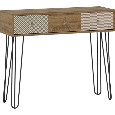 Table console 3 tiroirs, table d'entrée fine avec pieds métalliques en fil de fer, 90 x 30 x 75 cm, marron (1/5)