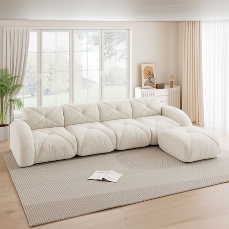 Ecksofa Chenille Weiß, modulares rahmenloses Sofa mit flexiblem Modulsystem