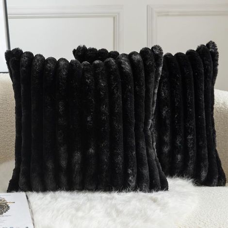 2er-Set Kissenbezüge, Kunstfell, gestreift, 40 x 40 cm, Schwarz, Wohnzimmer, Schlafzimmer (1/5)