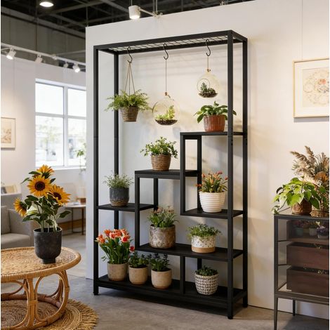 Scaffale portavasi a 7 livelli, 6 ganci, metallo e truciolare, nero OKMYHOME (1/5)