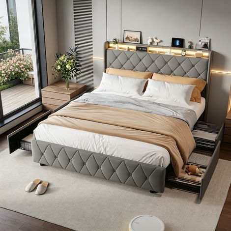 Lit capitonné 160×200cm, lit coffre avec lumière LED et port USB, lit double avec tiroirs de rangement, grande capacité, rangement dans la tête de lit, sommier à lattes, lit adulte,Velours, Gris