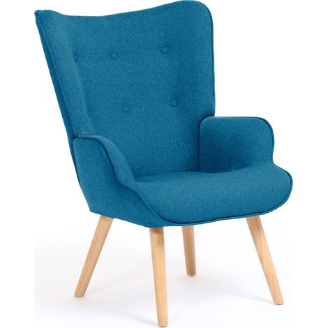 Idmarket – Fauteuil scandinave IVAR convertible en tissu bleu canard – Dossier capitonné – Pieds en bois blond – Dimensions 71x75x94,5 cm