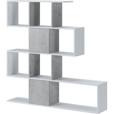 Libreria Moderna Asimmetrica Porta Libri Mensole Ripiani Design Bifacciale Con Vani Aperti e Chiusi Soggiorno Salotto 145 x 27,8 x 142 Cm Bianco e Grigio Cemento (1/4)