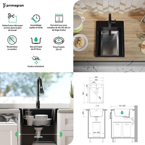 PRIMAGRAN Evier Cuisine en Granit 38x50cm, Lavabo 1 bac + Kit de Vidage, Évier à Encastrer au meuble 40cm - Riga, Gris