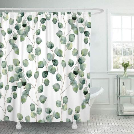 Rideau de douche aquarelle vert floral feuille eucalyptus feuilles rondes motif succulent branches décor à la maison salle de bain tissu polyester imperméable 72 x 72 pouces ensemble avec crochets (1/3)
