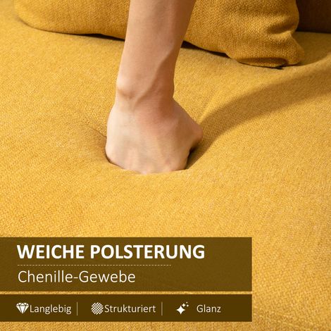 Canapé 2 places en velours capitonné, petit sofa avec 2 coussins, causeuse moderne jaune 130x70x80 cm pour salon, chambre ou espace réduit.