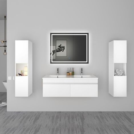 Aica Ensemble meuble Salle de Bain vasque L.120cm Blanc 2 Portes + 2 Colonne + Miroir LED 100 x 80 cm (1/5)