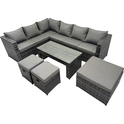 Fimous 6 Pieces Outdoor PE Rattan Garden Furniture Corner Sofa Set with Cushions 3 Footstools Dark Grey Mixed (1/5)