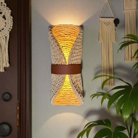 Applique Murale en Rotin Tressé 15 x 30 cm, Lampe Murale Style Japonais en Matériau Naturel pour Chambre, Salon et Couloir (1/5)