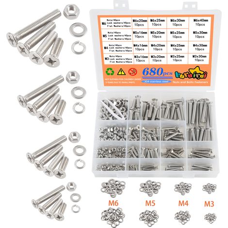 680pcs M3 M4 M5 M6 Boulons et écrous et Rondelles Acier Inoxydable 304 Croix Vis à Tête Fraisée Machines Vis Assortiment de Réparation Kit (1/5)